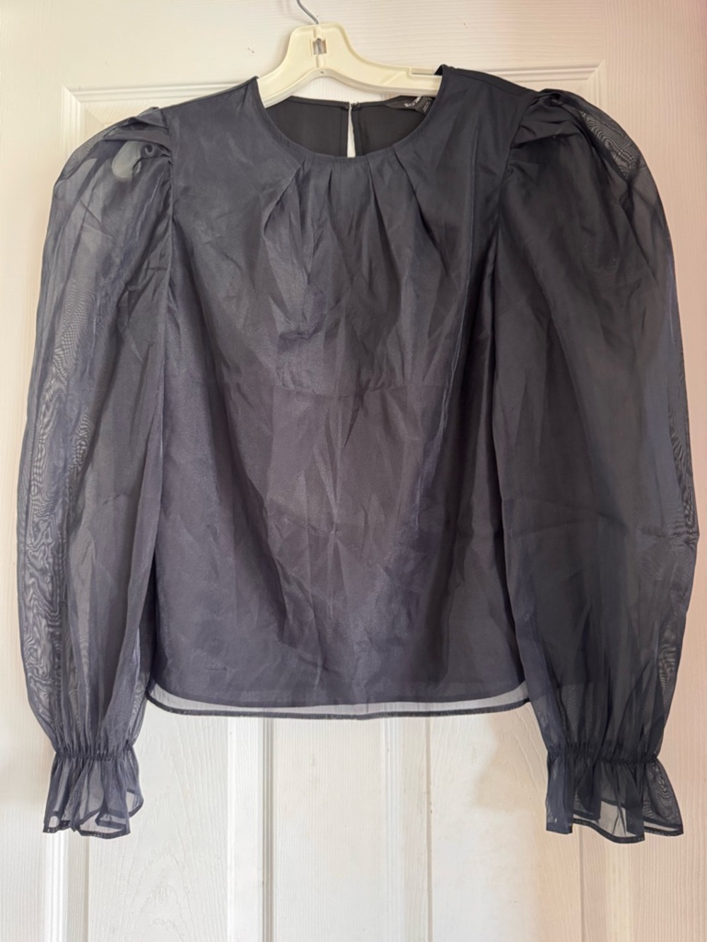 Express Sheer Puff-Sleeve Blouse in Charcoal Gray